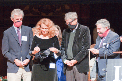 2009 Ig Nobel Prize for Public Health. Elena Bodnar, pictured front and centre, and her co-winners invented a bra that can be converted into two face masks in an emergency. (From Ig Nobel website; photo by Alexey Eliseev)
